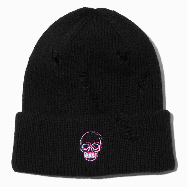 Embroidered Skull Black Beanie Hat,