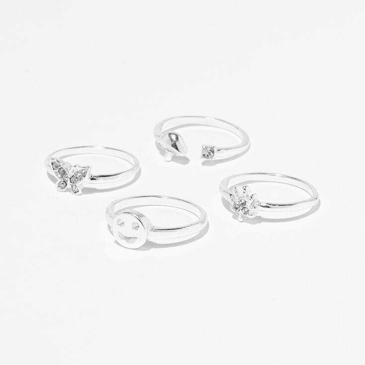 Silver Butterfly, Happy Face, Mushroom, &amp; Leaf Ring Set - 4 Pack,