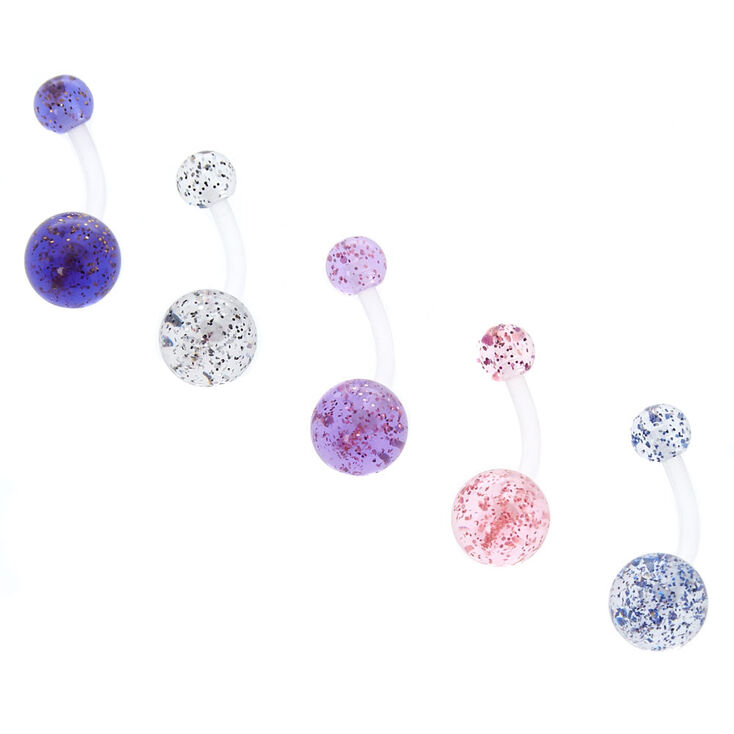 14G Flexible Glitter Belly Rings - Clear, 5 Pack,