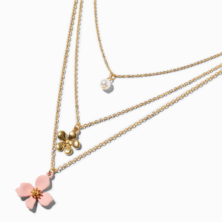 Pink Cherry Blossom Flower &amp; Pearl Multi-Strand Necklace,