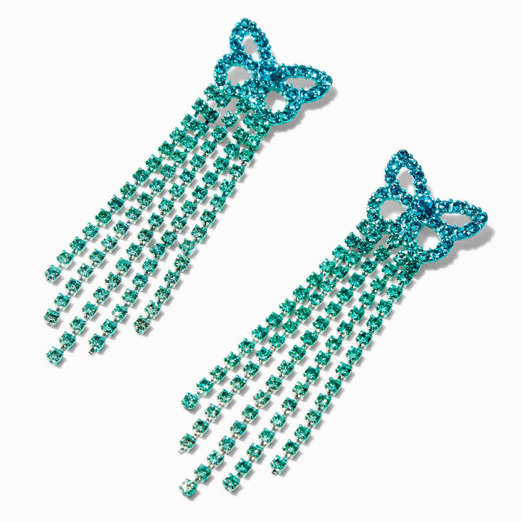 Blue &amp; Green Rhinestone Butterfly Fringe 2&quot; Drop Earrings,