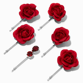 Red Rose &amp; Gemstone Hair Pins - 6 Pack,