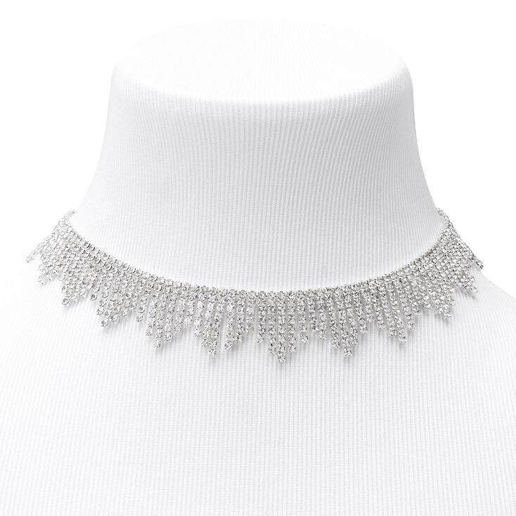 Silver Rhinestone Collar Fringe Statement Necklace,