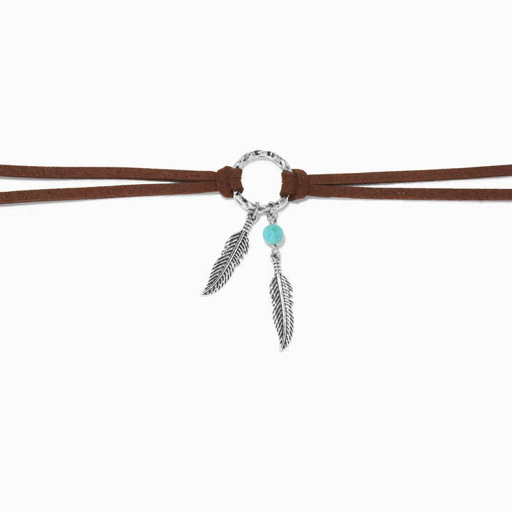 Burnished Silver Feather Turquoise Bead Brown Cord Choker Necklace,