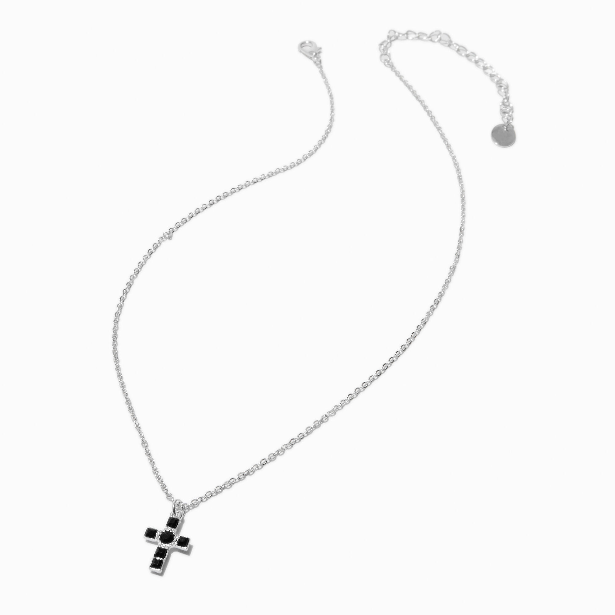 Black Crystal Silver tone Cross Pendant Necklace Icing US