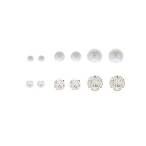 Silver Round Pearl Crystal Stud Earrings - 6 Pack,