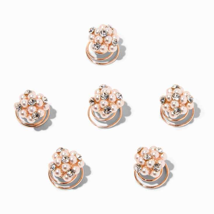 Rose Gold Pearl &amp; Rhinestone Cluster Hair Spinners - 6 Pack,
