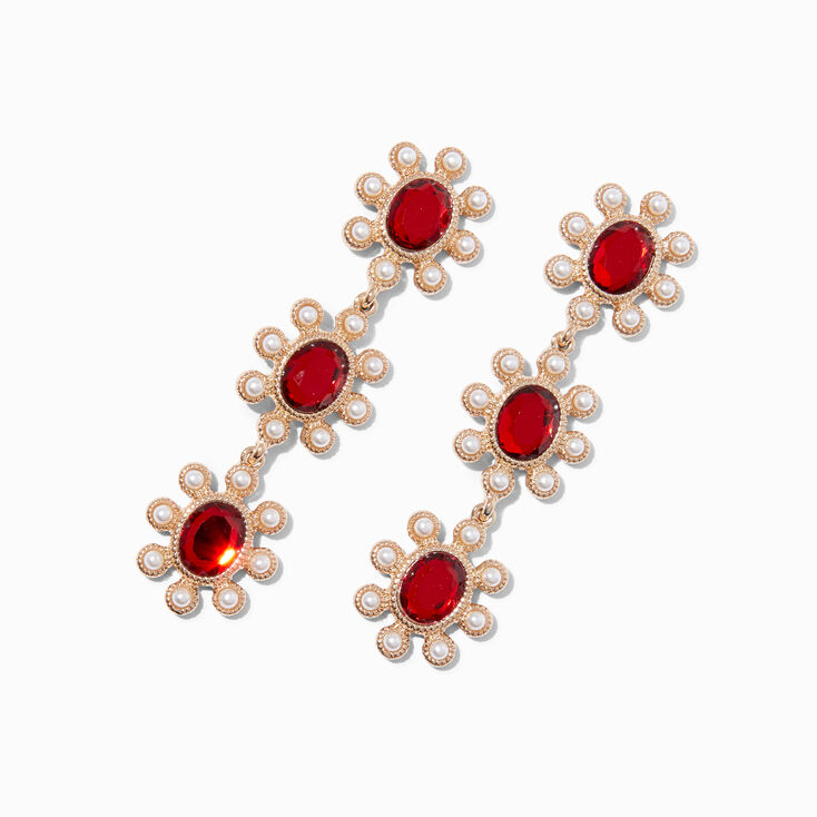 Red Crystal &amp; Faux Pearl Flower 3&quot; Drop Earrings,