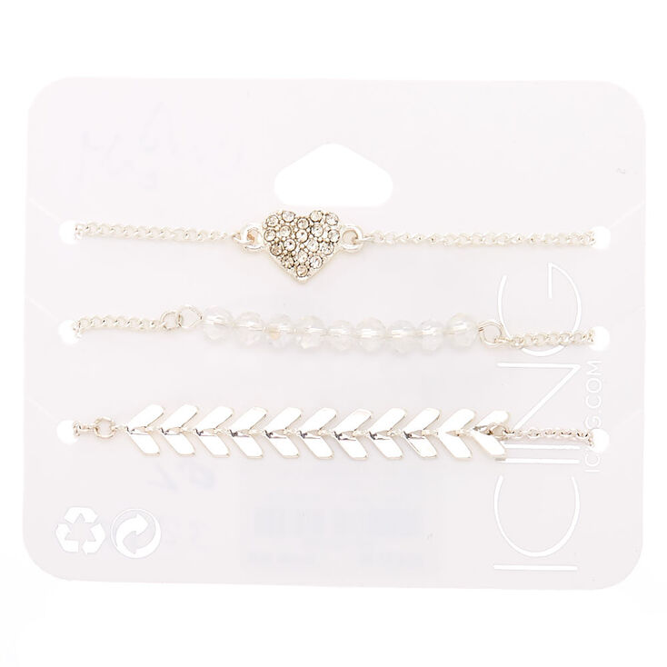 Silver Chevron Heart Chain Bracelets - 3 Pack,