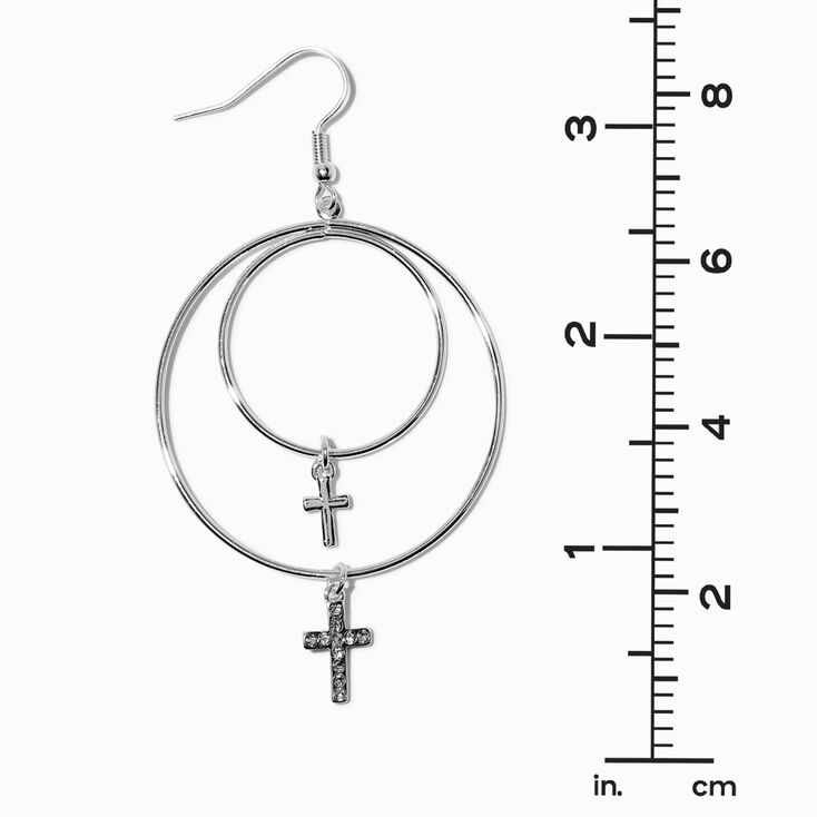 Silver-tone Crystal Cross Double Ring Hoop 3&quot; Drop Earrings,