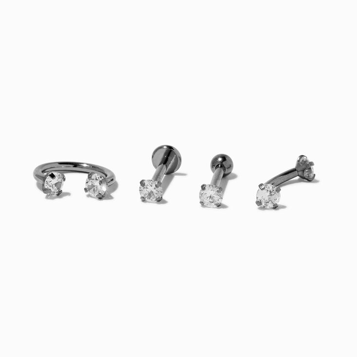 Silver-tone Titanium 16G Cubic Zirconia Labret Lip Studs - 4 Pack,