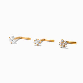 Gold-tone Titanium 18G Flower, Heart &amp; Star Nose Studs - 3 Pack,