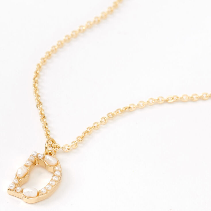 Gold Pearl Initial Pendant Necklace - D,
