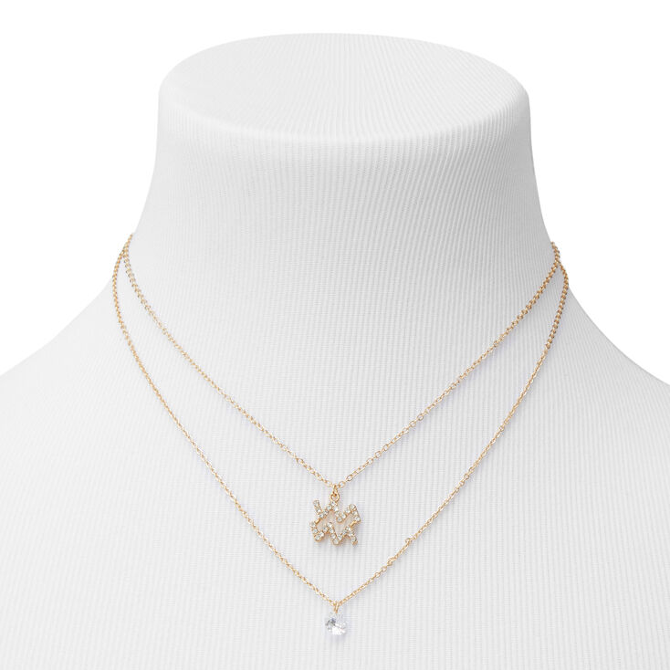 Gold Cubic Zirconia Zodiac Multi Strand Necklace - Aquarius,
