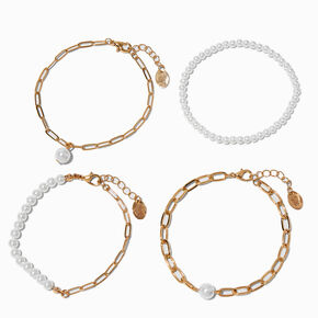 Gold-tone Pearl Chain Bracelets - 4 Pack,