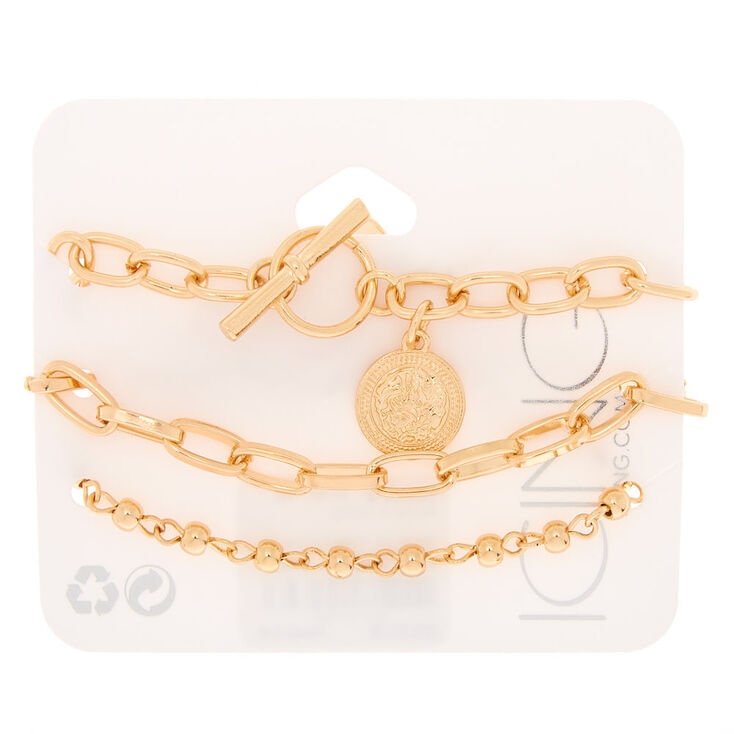 Gold Coin Chain Bracelets - 3 Pack,