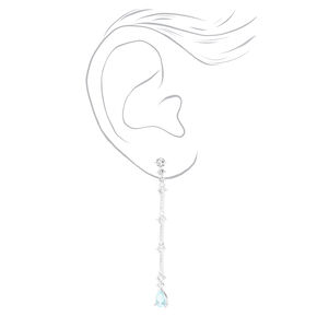 Silver 2.5&quot; Cubic Zirconia Teardrop Linear Drop Earrings - Blue,