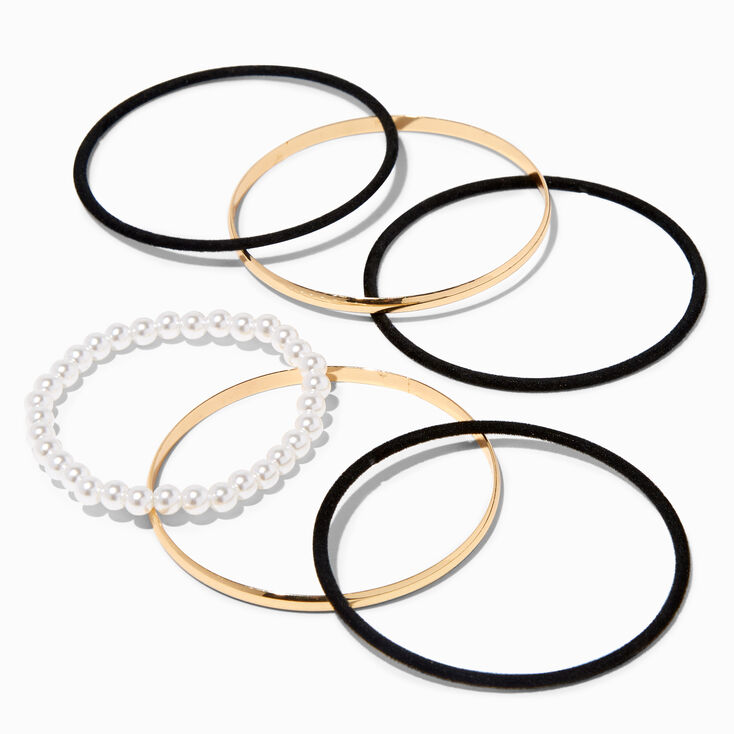 Black Felt &amp; Gold Faux Pearl Bangle Bracelets - 6 Pack,