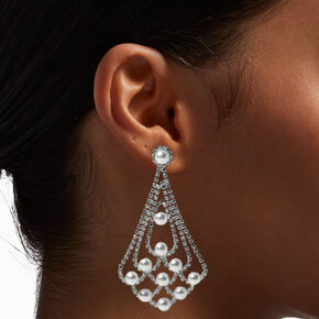 Silver Pearl Rhinestone Chandelier 3&quot; Drop Earrings,