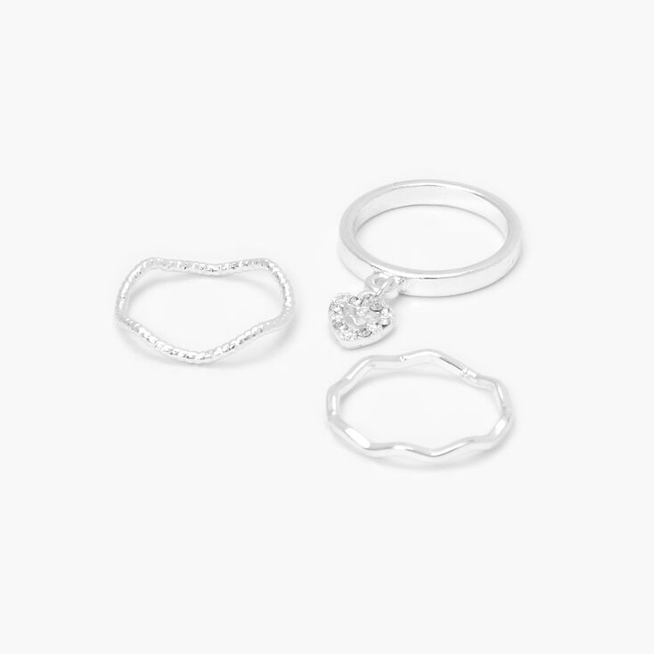 Silver Dangly Heart Textured Midi Rings - 3 Pack,