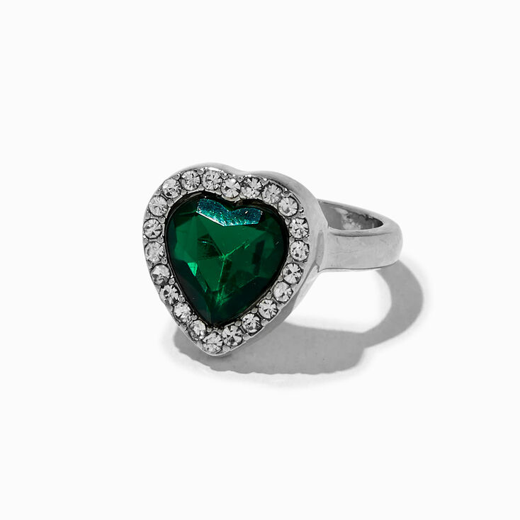 Green Heart Silver-tone Cocktail Ring,