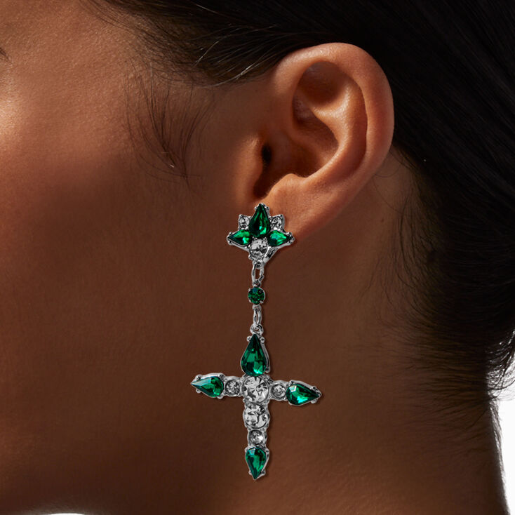 Faux Emerald Cross 2.5&quot; Drop Earrings ,