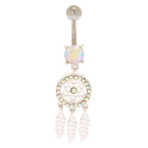 Silver 14G Iridescent Stone Dreamcatcher Belly Ring,