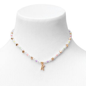 Gold Star &amp; Pastel Pearl Initial Pendant Necklace - K,