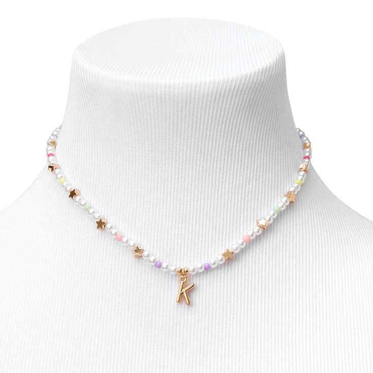 Gold Star &amp; Pastel Pearl Initial Pendant Necklace - K,