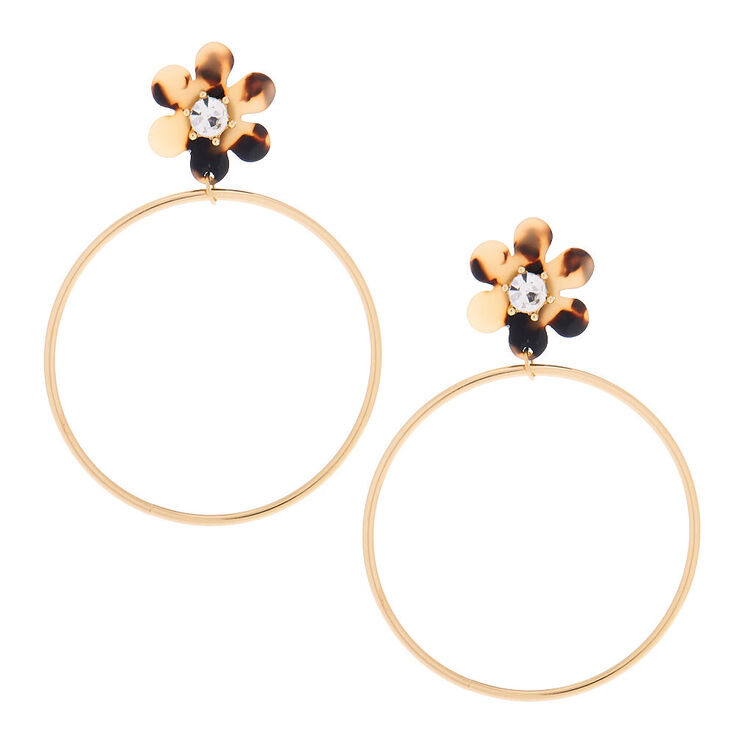 Gold 3" Resin Tortoiseshell Floral Hoop Drop Earrings,