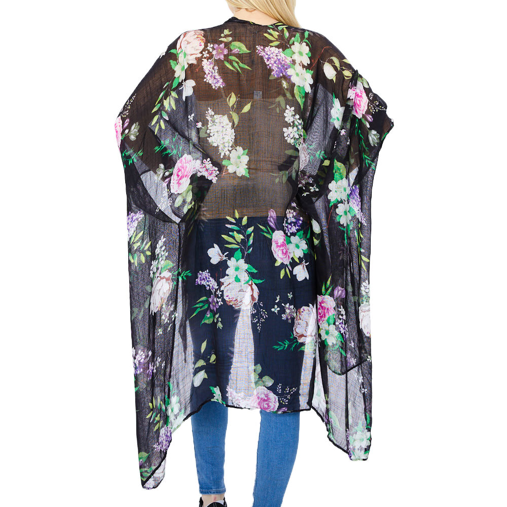 sheer black floral kimono