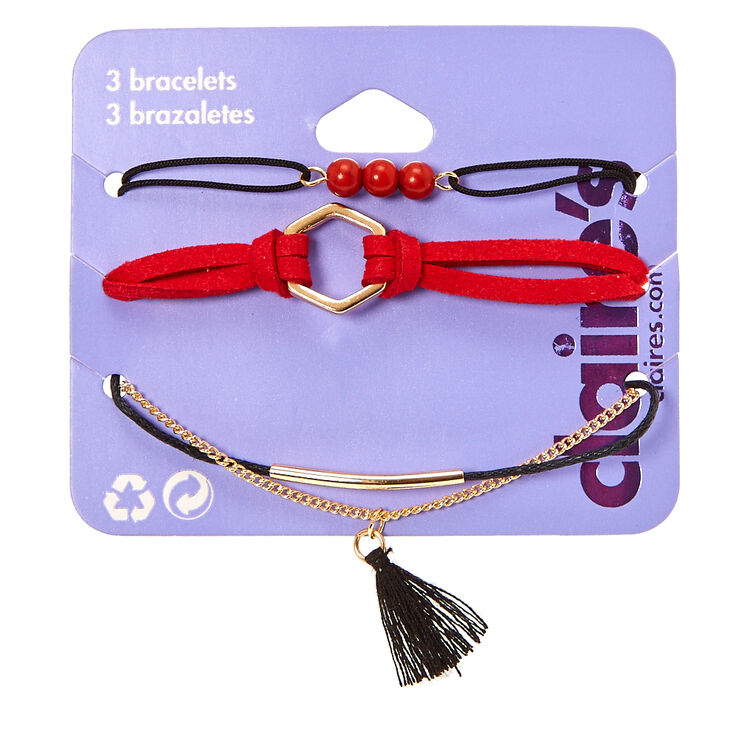 Black Cord & Red Suede 3-Piece Bracelet Set,