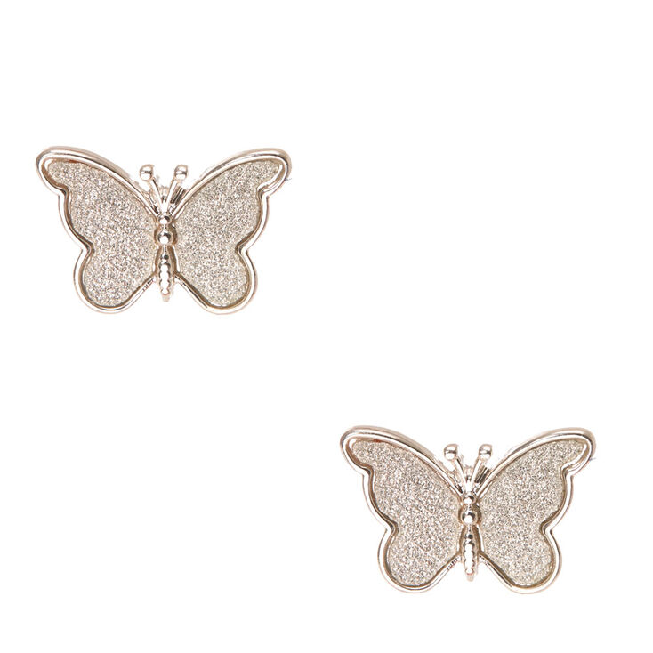 Silver Tone Glitter Butterfly Stud Earrings,