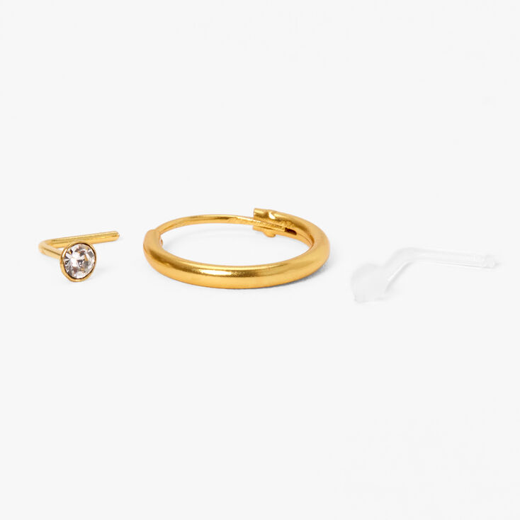 Sterling Silver Gold 22G Crystal Retainer Nose Rings - 3 Pack,