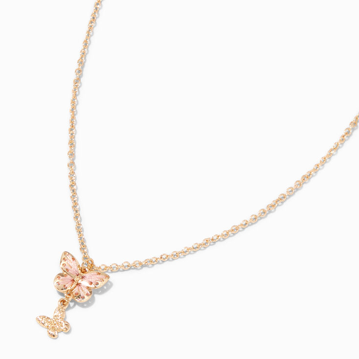 Pink Double Butterfly Gold-tone Pendant Necklace,