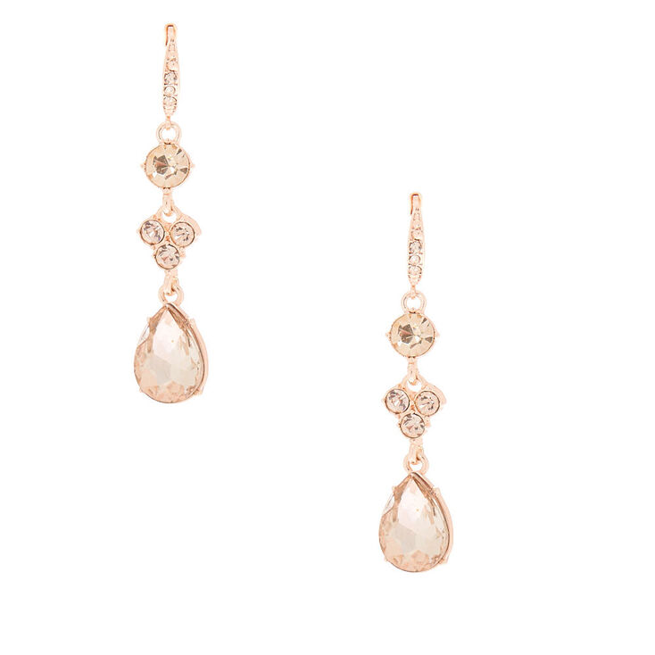 Rose Gold Rhinestone 2" Linear Teardrop Drop Earrings,