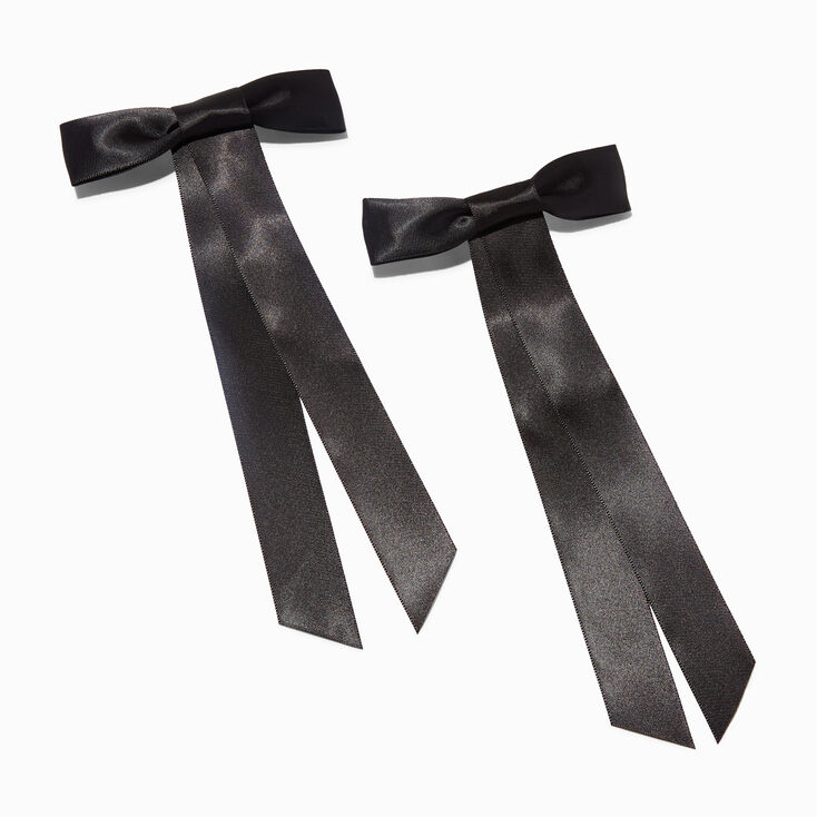 Black Satin Long Tailed Hair Bow Clips - 2 Pack,