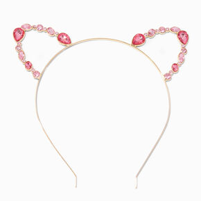 Gold Pink Rhinestones Cat Ears Headband,