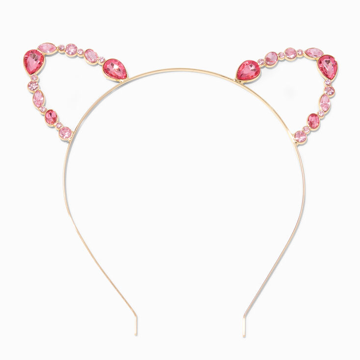 Gold Pink Rhinestones Cat Ears Headband,