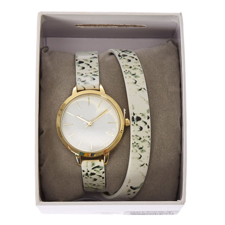 double wrap white snake print faux leather watch