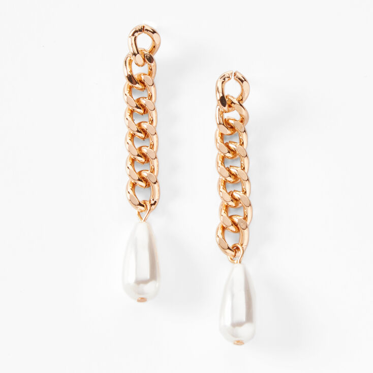 Rose Gold 2&quot; Pearl Chain Drop Earrings,