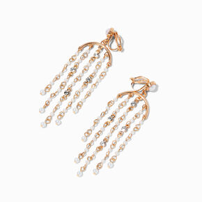 Gold Pearl Crystal Chandelier 3&quot; Drop Clip-On Earrings,