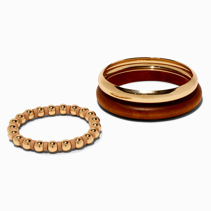 Gold-tone Metal &amp; Wood Bangle Bracelets - 3 Pack,