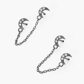Sterling Silver Cubic Zirconia Grey Moon Connector Chain Earrings,