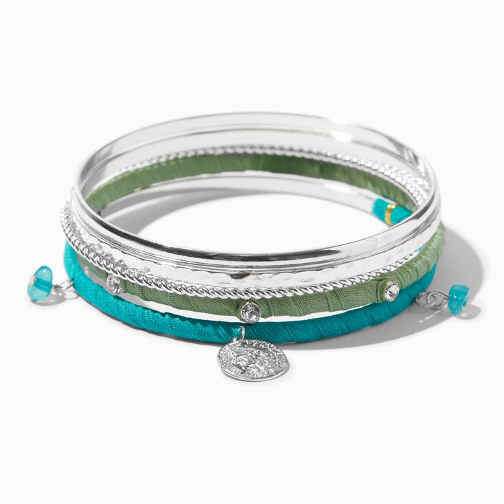 Silver-tone Aqua Wrapped Bangle Bracelets - 5 Pack,