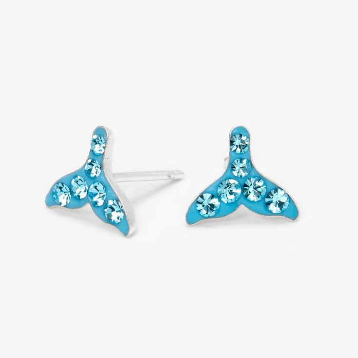 Sterling Silver Embellished Mermaid Fin Stud Earrings - Blue,