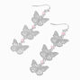 Silver Filigree Butterfly 3&quot; Pink Bead Drop Earrings,