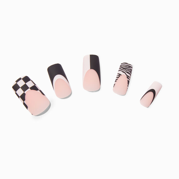 Zebra Check Tip Long Square Vegan Faux Nail Set - 24 Pack,