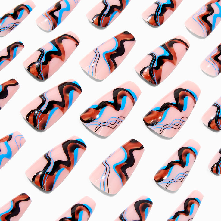 Nude &amp; Blue Swirl Squareletto Vegan Faux Nail Set - 24 Pack,