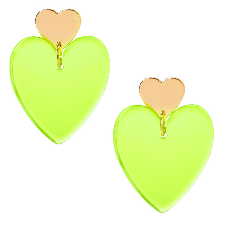 Gold 2" Neon Double Heart Drop Earrings - Yellow,